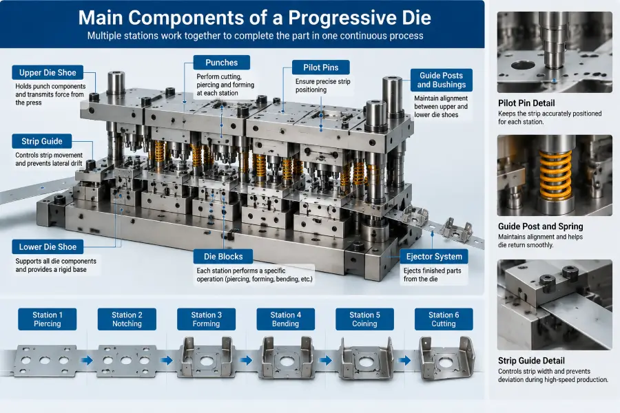 Exploded view of progressive die components including punches guide pins die blocks and strip guides