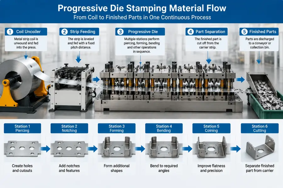 Progressive die stamping material flow showing coil feeding stamping stations and finished parts