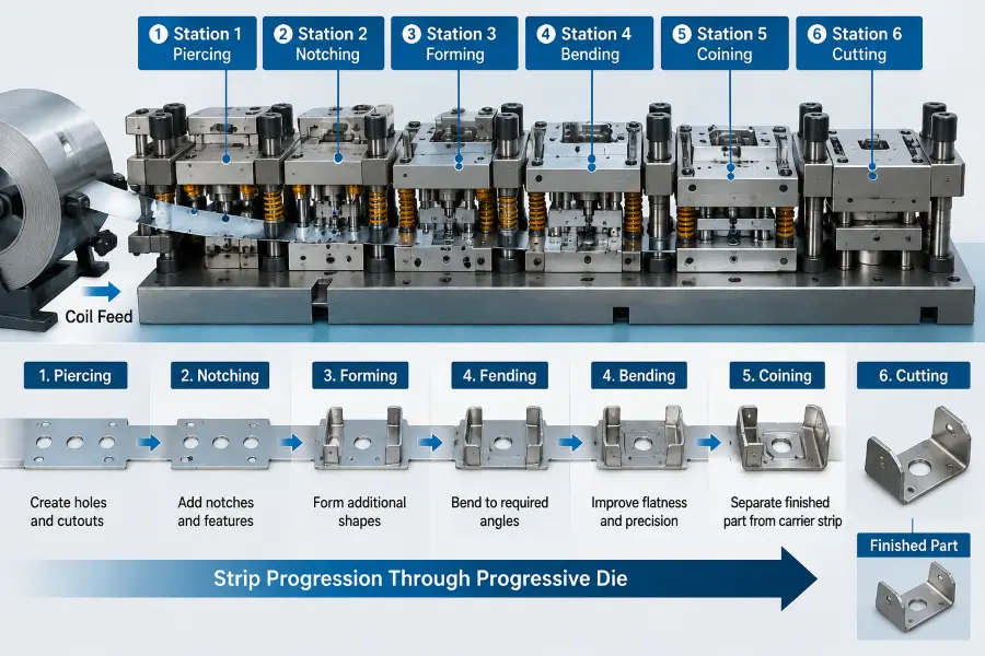 Progressive die stamping station layout showing sequential piercing bending forming and cutting operations