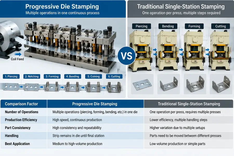 Comparison between progressive die stamping and traditional single station stamping processes