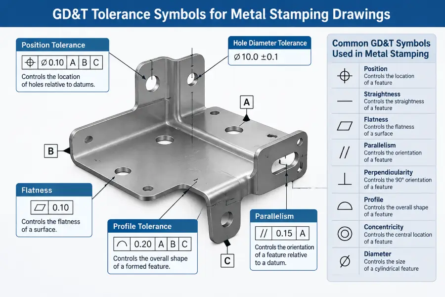 GD&T tolerance symbols and feature control frames for metal stamping drawings