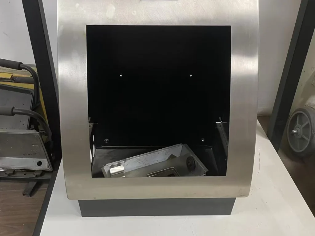 Custom 304 stainless steel sink panel front view — brushed finish with screen cutout and card slot