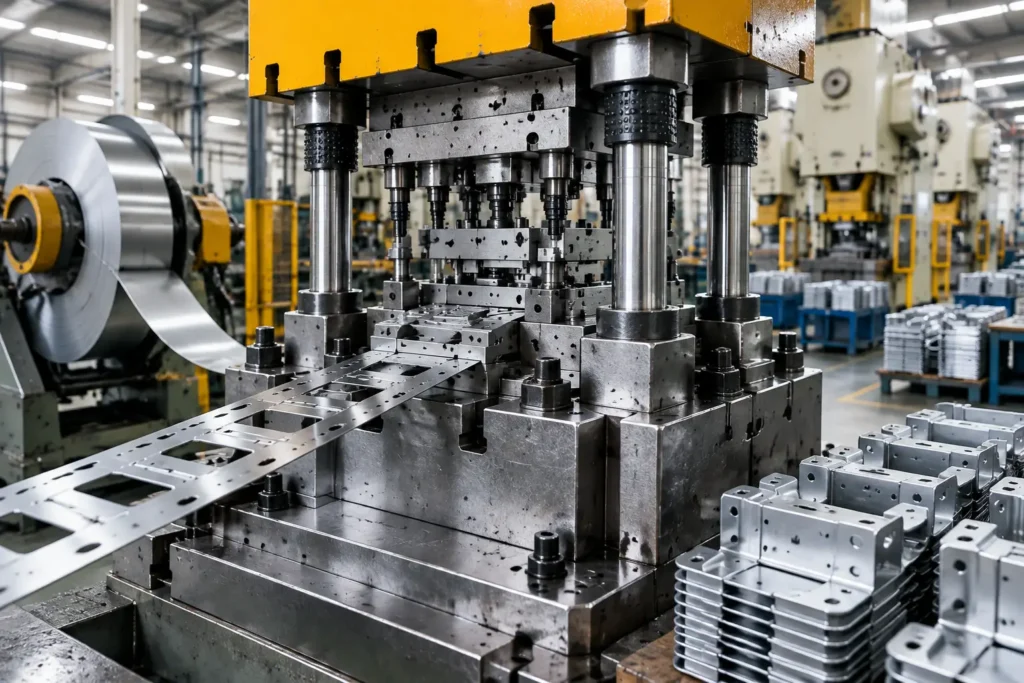 Metal stamping die tooling and production setup at OEM manufacturing factory