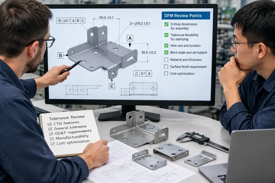 OEM engineers reviewing metal stamping drawings and tolerance requirements