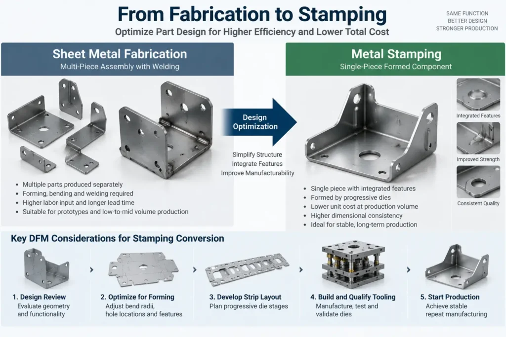 Sheet metal fabrication part redesigned for progressive metal stamping production