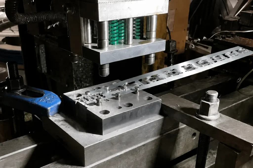 Progressive die stamping process for medical device metal parts using coil material