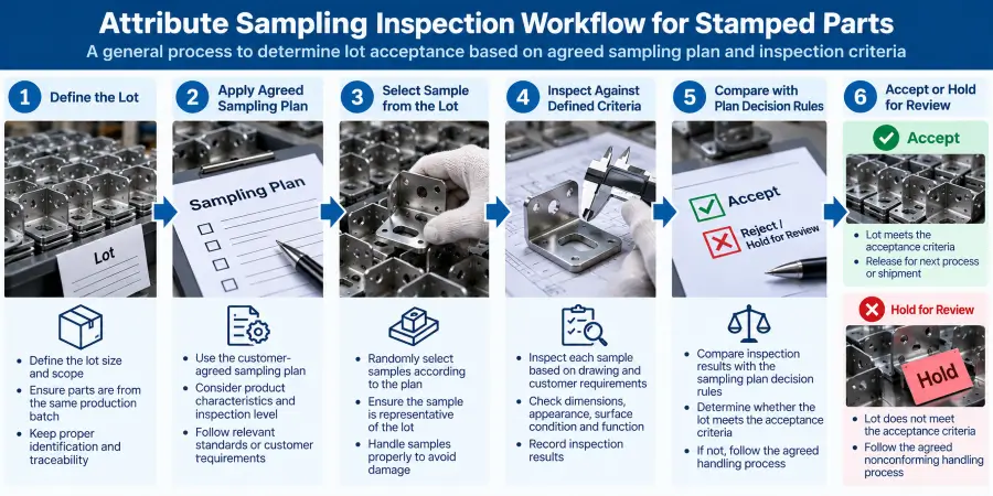 Conceptual attribute sampling workflow showing lot definition, an agreed sampling plan, sample selection, inspection against defined criteria, comparison with plan decision rules, and accept or hold for review.