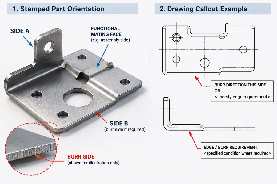 Technical diagram showing stamped part burr direction and drawing callout location