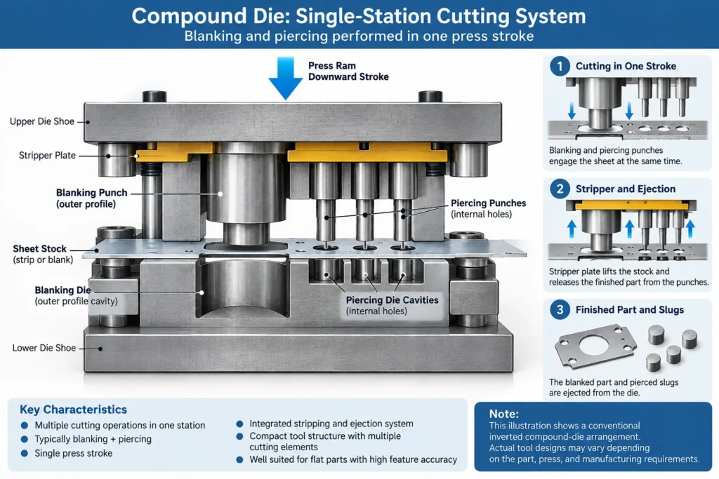 Compound die cross-section showing simultaneous blanking and piercing in one press station