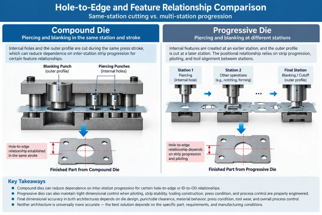 Compound and progressive die feature relationship comparison for hole-to-edge dimensional control