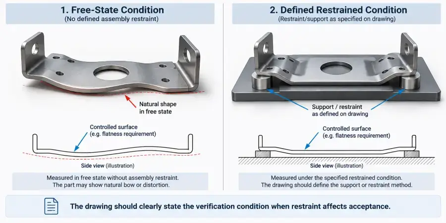 Diagram comparing free-state verification with a defined restrained condition for a flexible stamped part