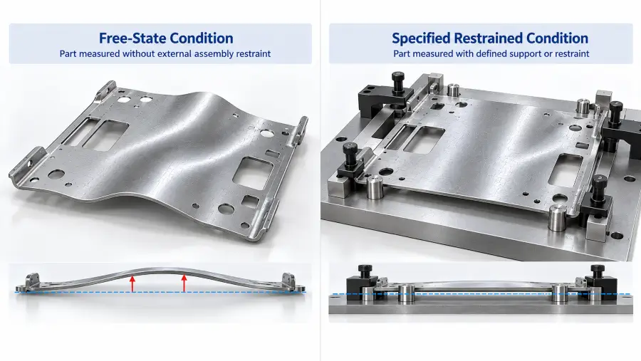 Engineering illustration comparing free-state and specified restrained conditions for a flexible stamped metal part.