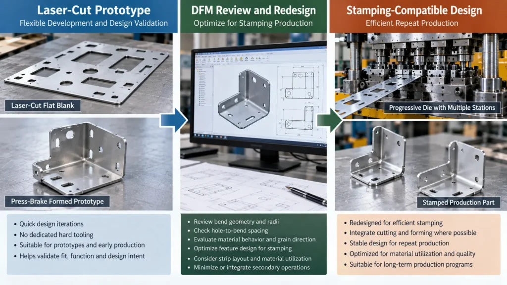 Laser cut prototype transitioning to metal stamping through DFM review