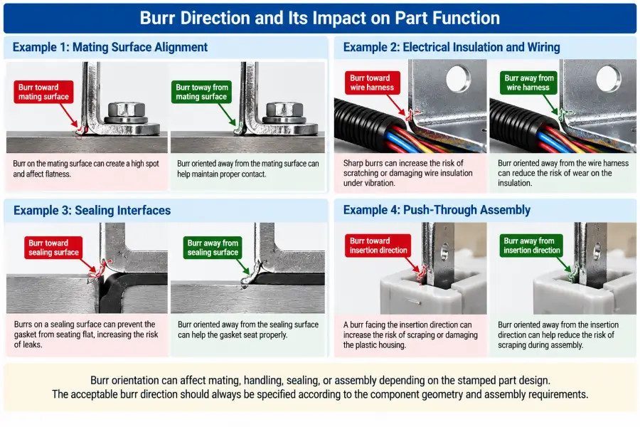 Metal stamping burr direction examples for mating surfaces, wire harnesses, sealing interfaces, and push-through assembly
