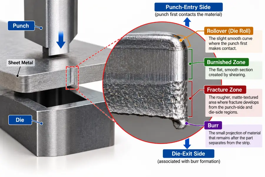 Metal stamping cut-edge anatomy showing rollover, burnished zone, fracture zone, burr, punch-entry side, and die-exit side