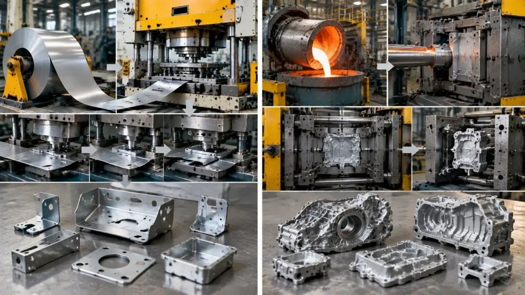 Metal stamping and die casting manufacturing principle comparison showing sheet forming and molten metal casting
