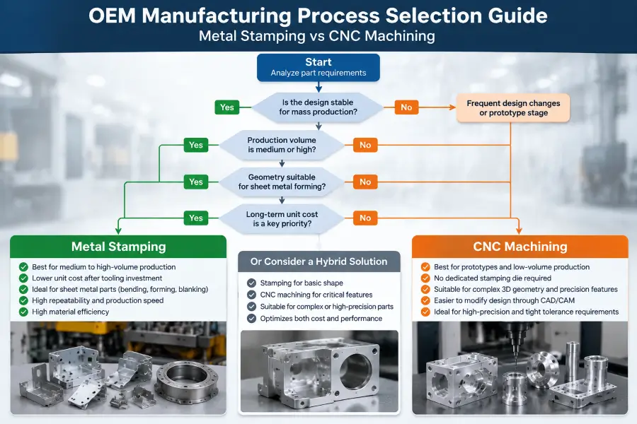 OEM manufacturing process selection guide comparing metal stamping and CNC machining