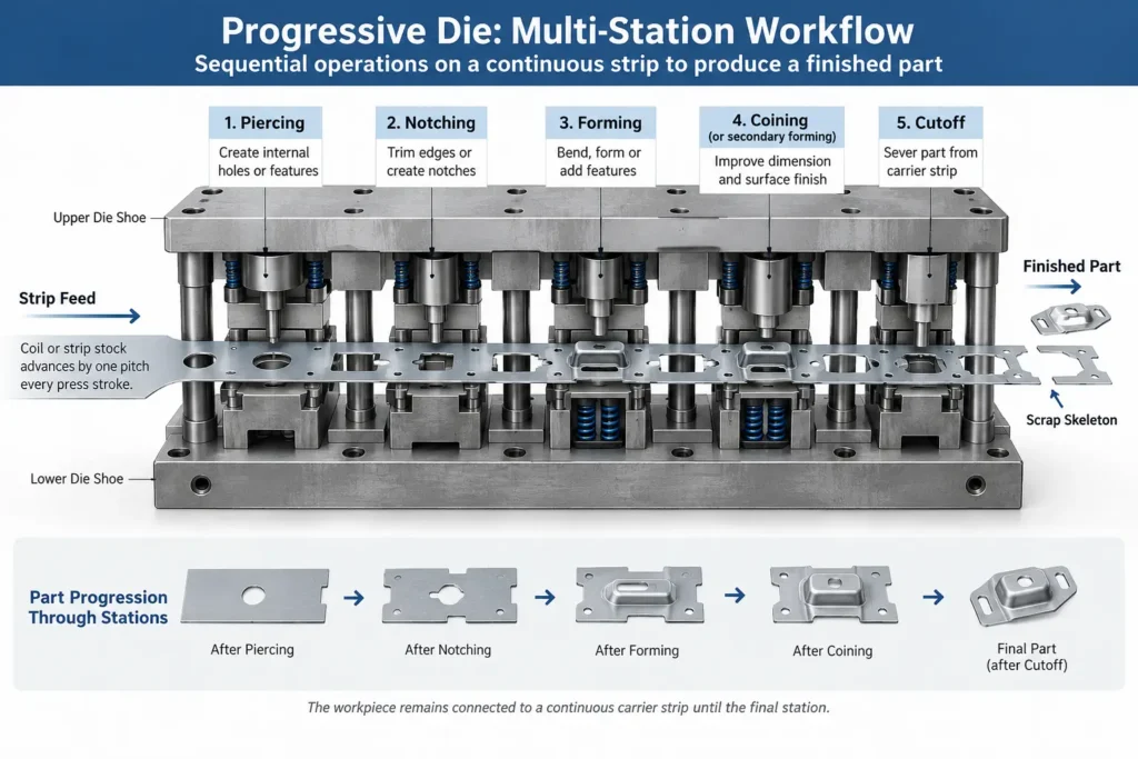 Multi-station progressive die workflow showing strip advancement through sequential stamping operations