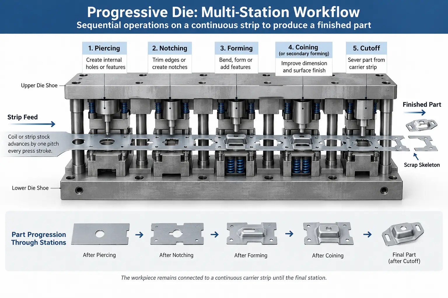 Progressive Die vs Compound Die: Engineering & Tooling Comparison Multi-station progressive die workflow showing strip advancement through sequential stamping operations