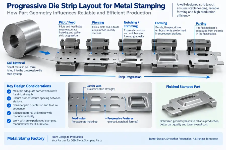 progressive die stamping DFM strip layout