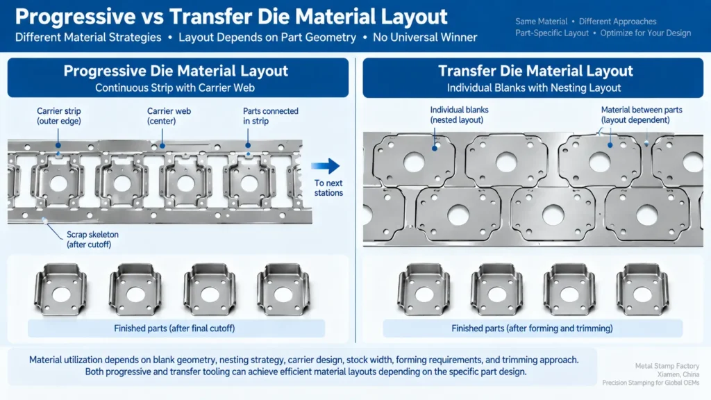 Progressive die carrier strip and transfer die blank layout comparison