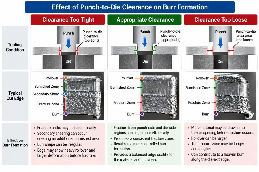 Comparison of tight, appropriate, and loose punch-to-die clearance and their effects on metal stamping burr formation