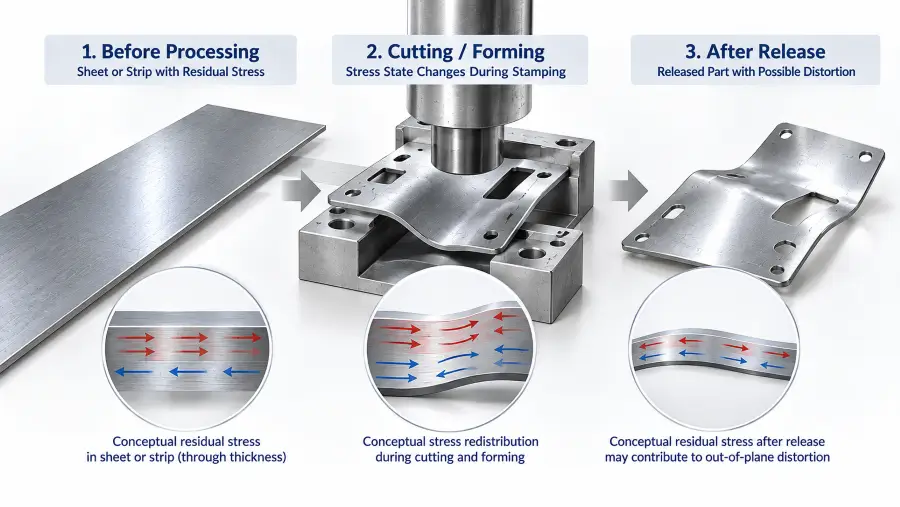 Conceptual engineering diagram showing residual stress redistribution after sheet metal cutting and stamping.