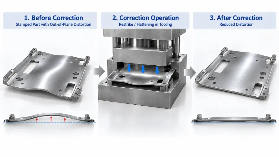 Conceptual stamping diagram showing a controlled correction operation applied to a distorted stamped metal part.