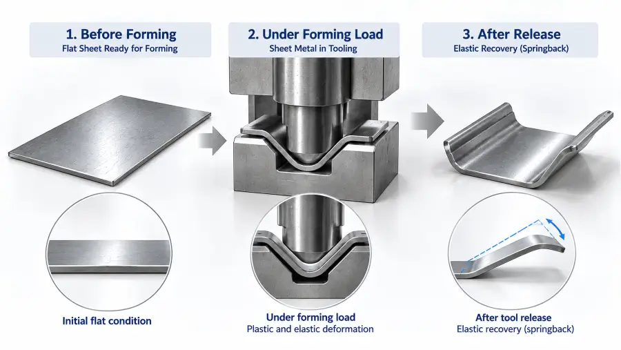 Engineering diagram showing sheet metal under forming load and elastic recovery after tooling release.