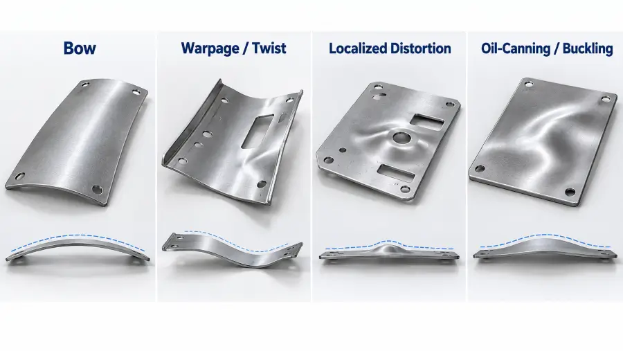 Engineering illustration comparing bow, twist, localized distortion, and oil-canning in stamped sheet metal parts.