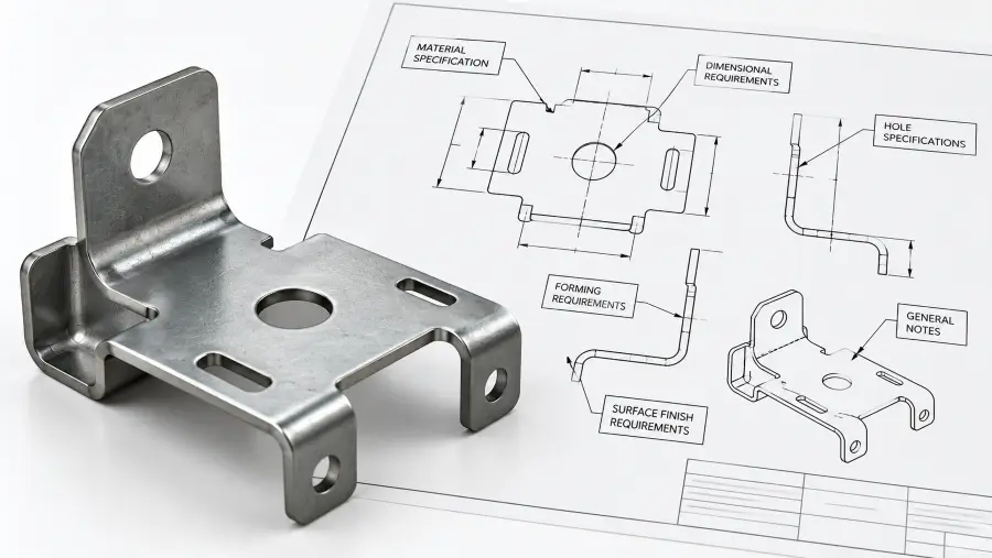 Stamped part engineering drawing with metal stamping callouts and a custom stamped component