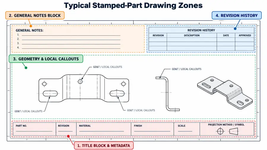 Diagram showing engineering drawing zones for title block, general notes, revisions, and stamped part callouts