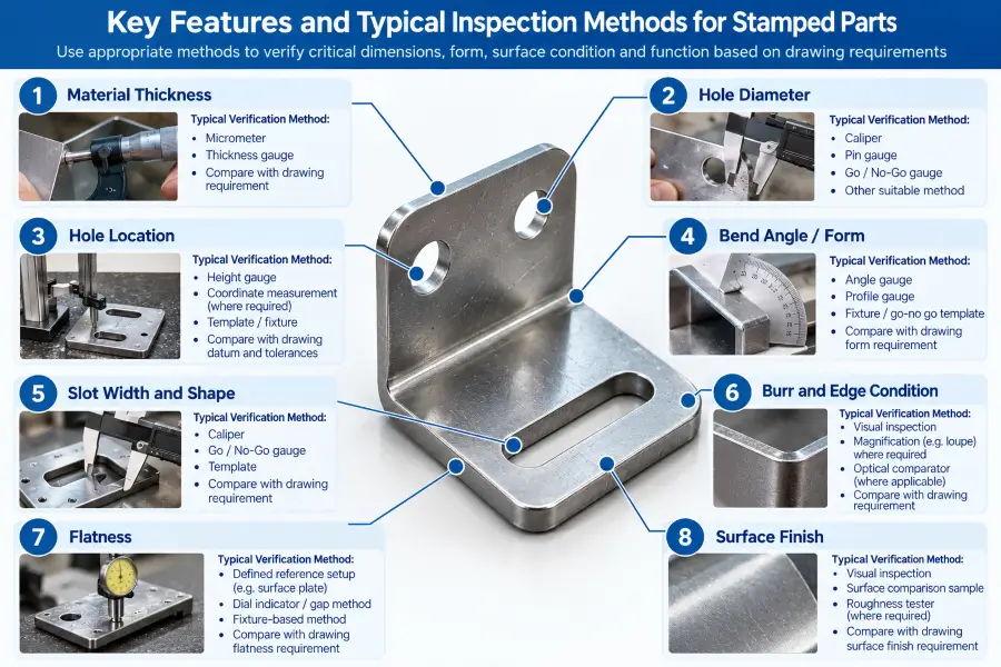 Annotated stamped bracket showing key characteristics such as material thickness, hole diameter and location, bend form, slot geometry, burr condition, flatness, and surface finish with typical inspection methods.