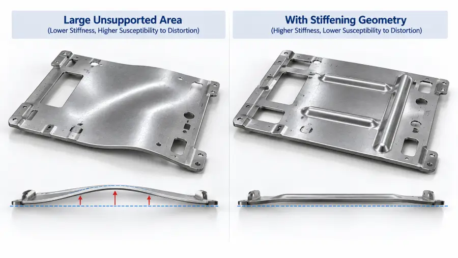 Engineering comparison showing how stamped part geometry and stiffness can influence out-of-plane distortion.