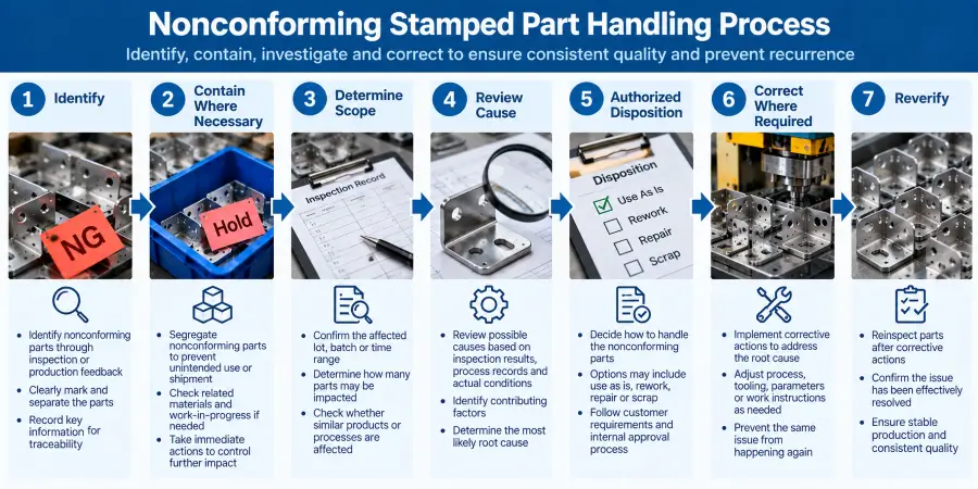 Seven-step nonconforming stamped part handling workflow covering identification, containment, scope review, cause review, authorized disposition, correction where required, and reverification.