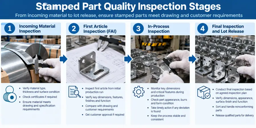 Four-stage stamped part quality inspection workflow from incoming material through first article, in-process inspection, and final lot release.