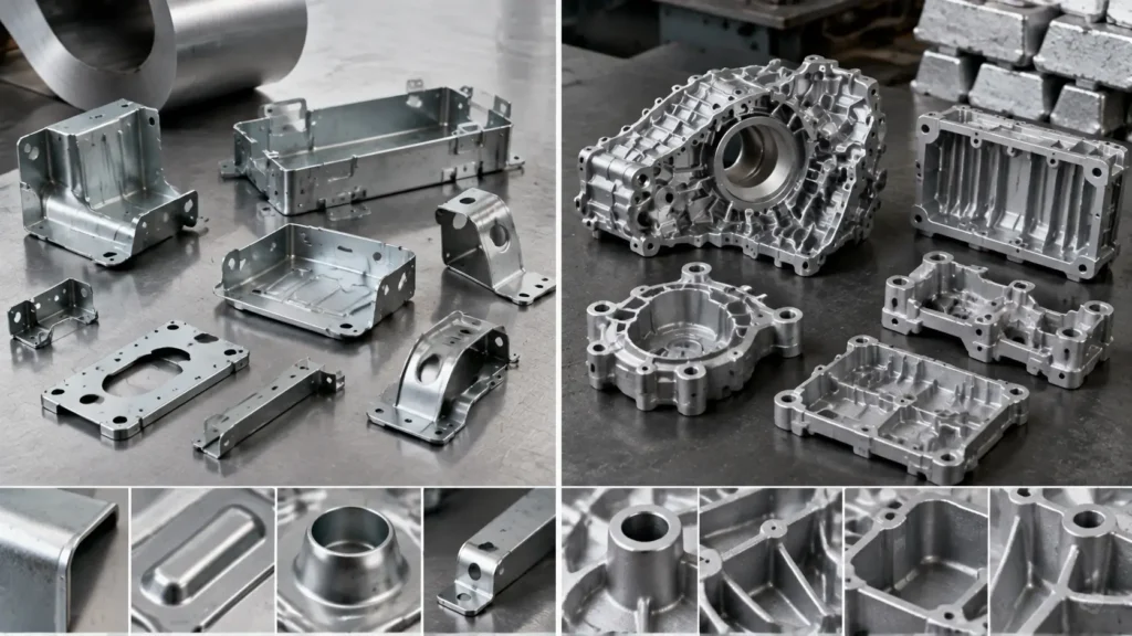 Stamped sheet metal parts and die cast components showing different manufacturing geometries