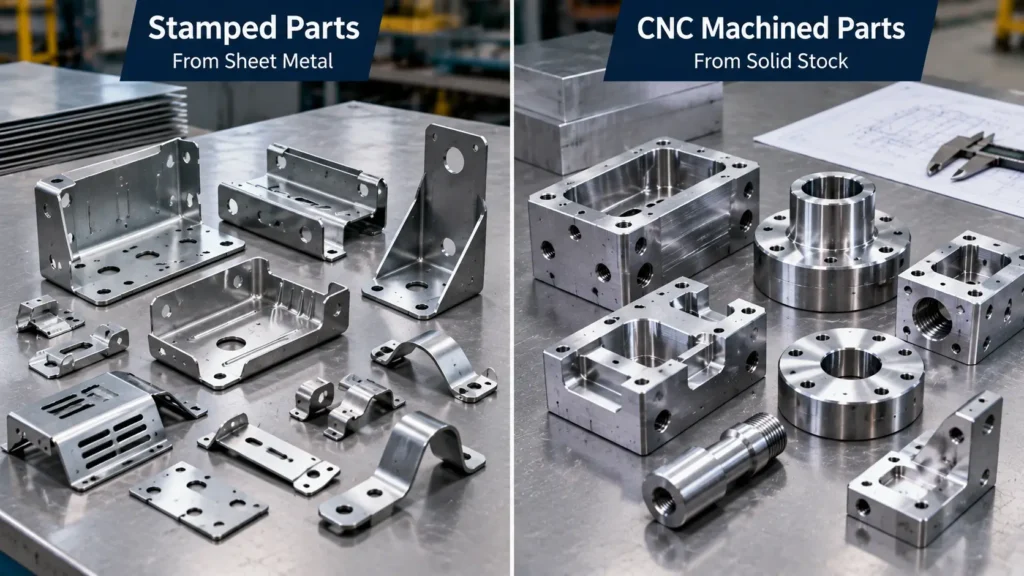 Stamped vs CNC machined parts showing different part geometries