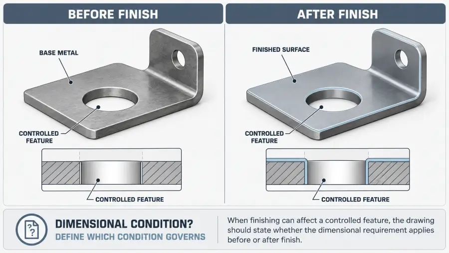 Diagram comparing before-finish and after-finish dimensional conditions on a stamped metal feature