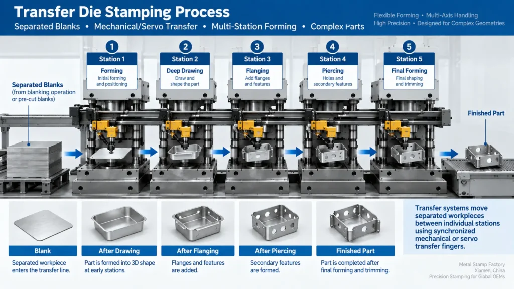 Transfer die stamping system moving separated metal workpieces between forming stations